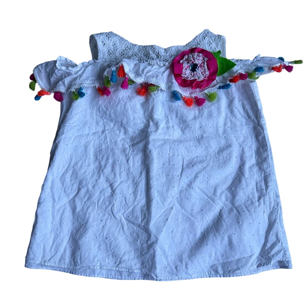 Rare Editions White Floral Pom-Pom Trim Top - Girls Size 6